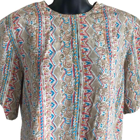 Retro Luxe Boho Silk Blouse 14 Tribal Floral Print Shoulder Pads Barrie Pace - Picture 2 of 5